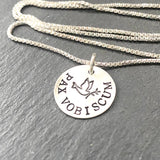 pax vobiscum peace be with you. peace dove necklace.  hand crafted Latin phrase jewelry in sterling silver. drake designs jewelry