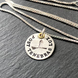post tenebras lux  Light after darkness latin phrase jewelry sterling silver necklace hand stamped.  Drake designs jewelry 