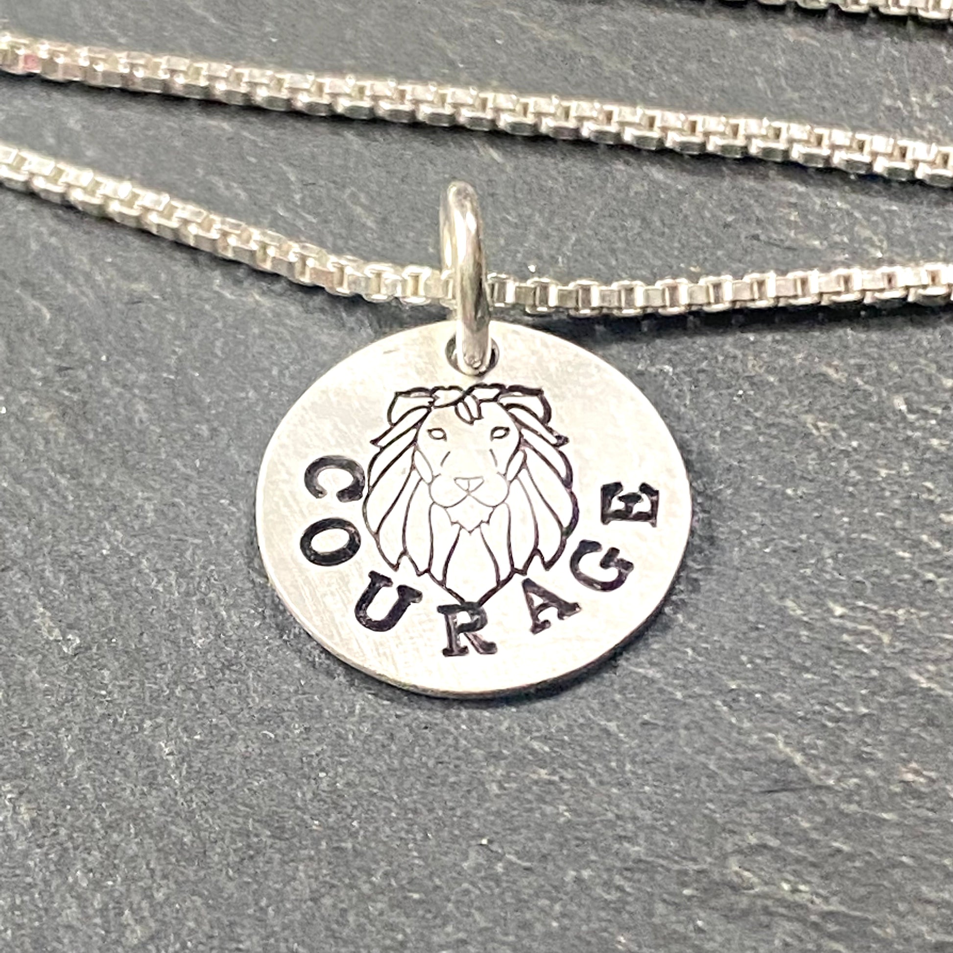 Sterling silver courage necklace with hand stamped Lion. Drake Designs Jewelry