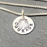 Sterling silver courage necklace with hand stamped Lion. Drake Designs Jewelry