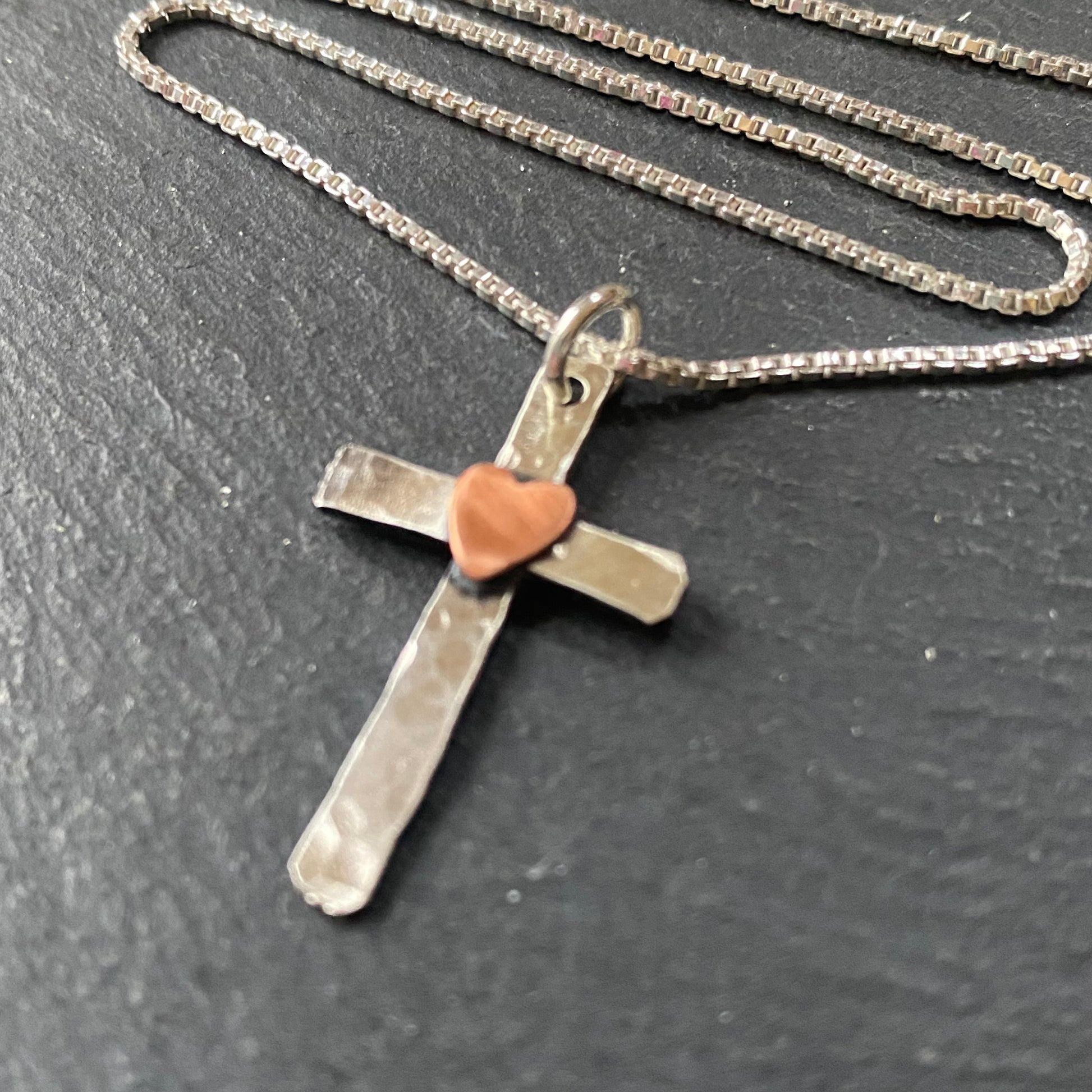 rustic hammered cross necklace with copper heart - drake designs jewelry