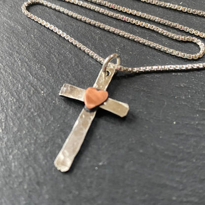 rustic hammered cross necklace with copper heart - drake designs jewelry