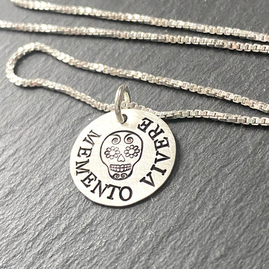 Memento vivere sugar skull necklace sterling silver Latin phrase jewelry. drake designs jewelry