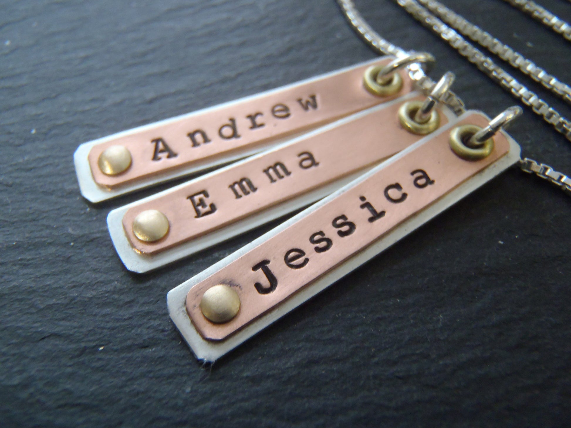 Name bar necklace personalized with kids names in mixed metals - Drake Designs Jewelry