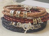 triple wrapped leather bracelet with sterling silver name charms and sterling silver toggle clasp. personalized bracelet with kids names - drake designs jewelry