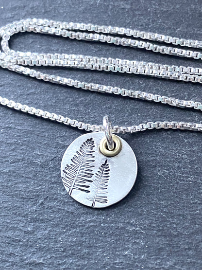 sterling silver hiker tree necklace for the outdoors woman. hand stamped pine trees with gold accent. drake designs jewelry