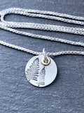 sterling silver hiker tree necklace for the outdoors woman. hand stamped pine trees with gold accent. drake designs jewelry