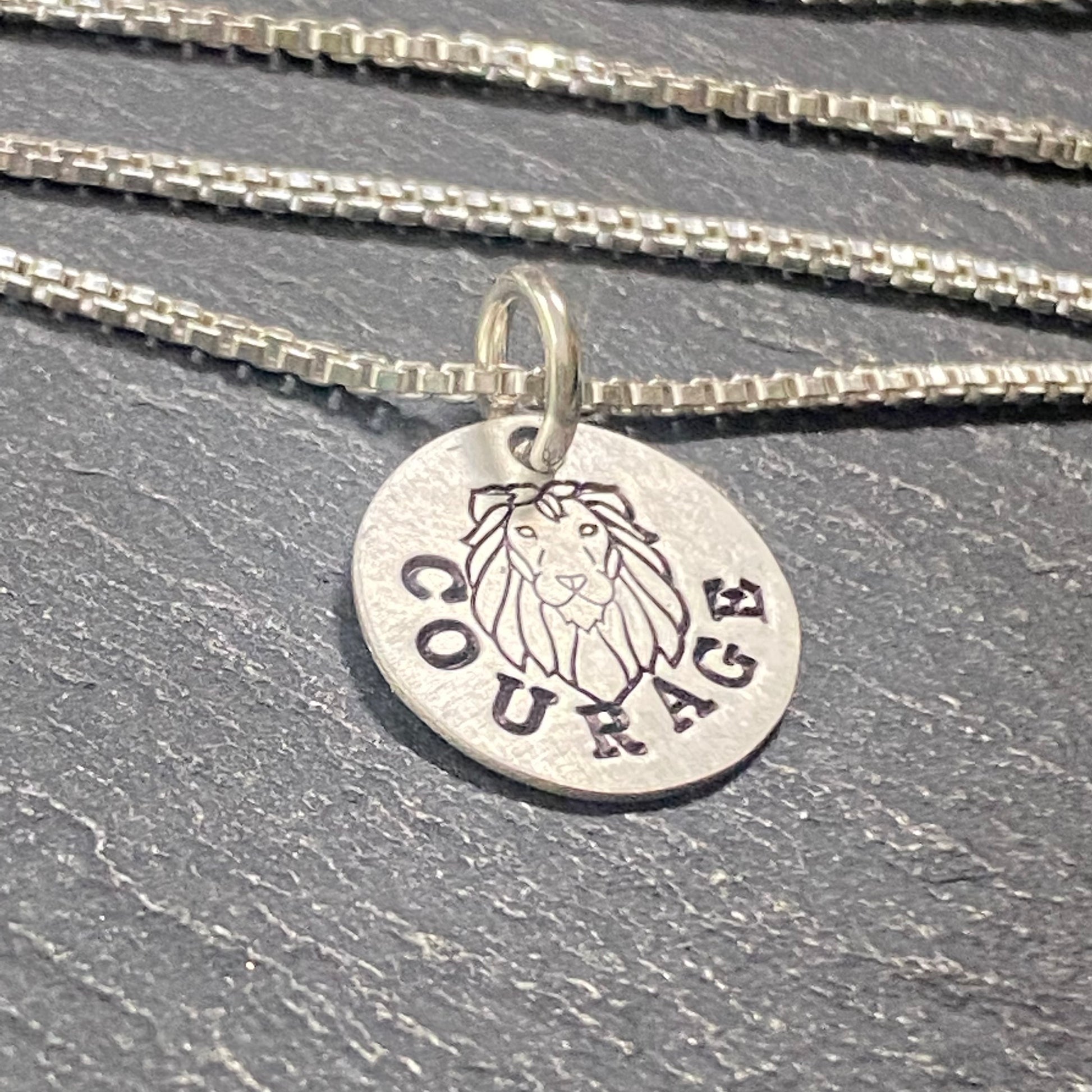 Sterling silver courage necklace with hand stamped Lion. Drake Designs Jewelry