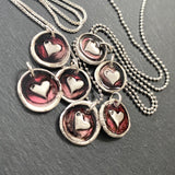 fine silver pmc wax seal heart necklace in silver and red. drake designs jewelry