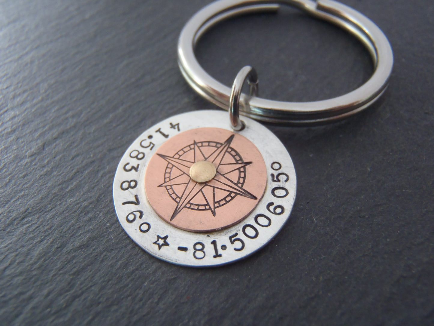 Custom compass keychain with coordinates - hand crafted from Sterling silver and copper - Drake Designs Jewelry