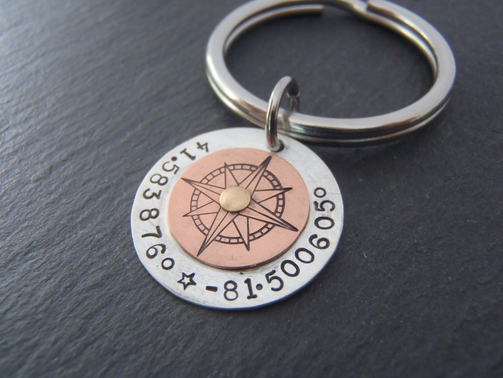Custom compass keychain with coordinates - hand crafted from Sterling silver and copper - Drake Designs Jewelry