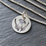 sterling silver Scottish thistle necklace hand stamped. drake designs jewelry