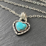 sterling silver turquoise heart necklace hand crafted from Kingman turquoise heart hand set in sterling silver bezel with organically shaped border - drake designs jewelry