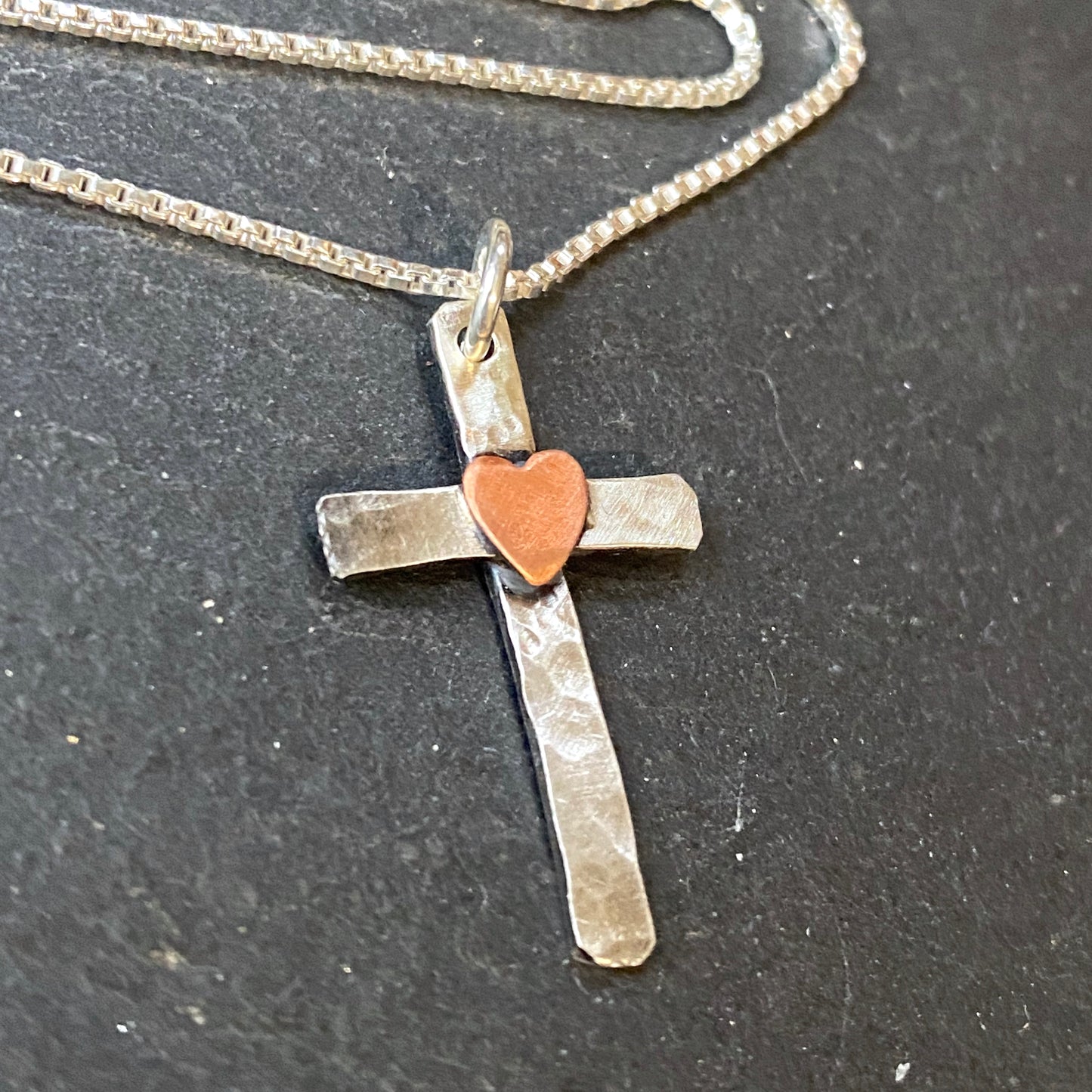rustic hammered cross necklace with copper heart - drake designs jewelry