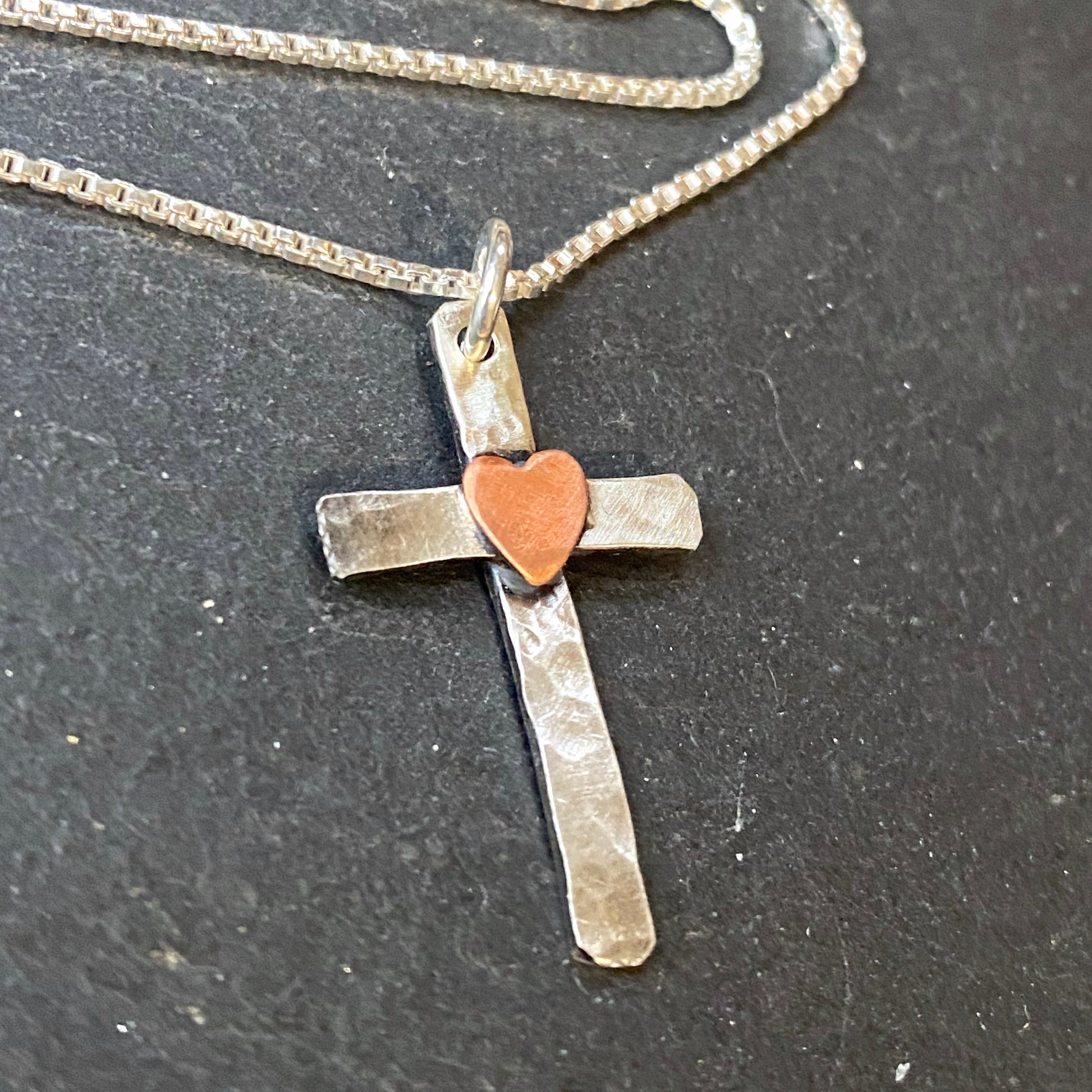 rustic hammered cross necklace with copper heart - drake designs jewelry