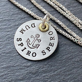dum spiro spero. Latin Phrase jewelry. while I breathe I hope. Sterling silver hand stamped necklace with anchor and gold accent. drake designs jewelry