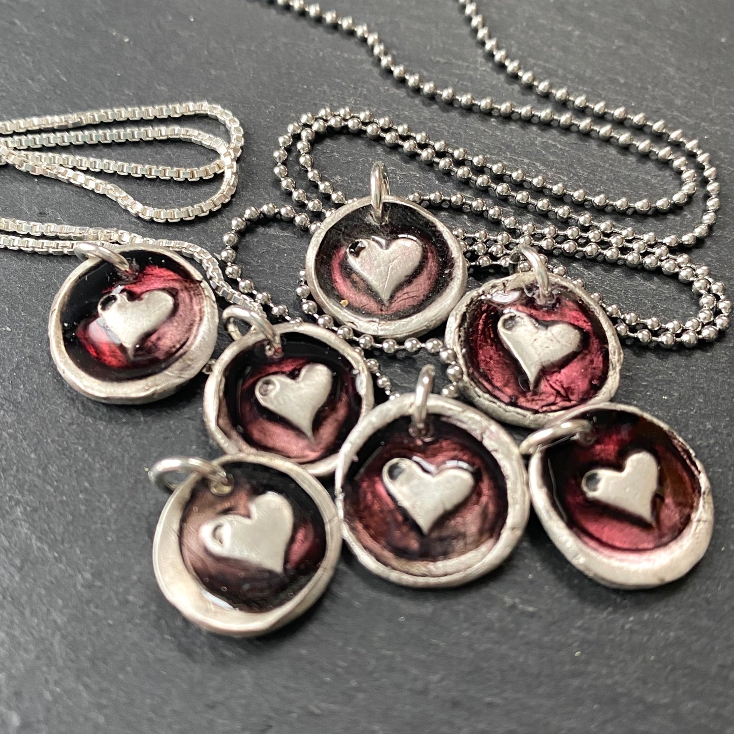 silver and red wax seal heart necklace. drake designs jewelry