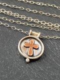 sterling silver cross necklace with raised border and copper cross - drake designs jewelry