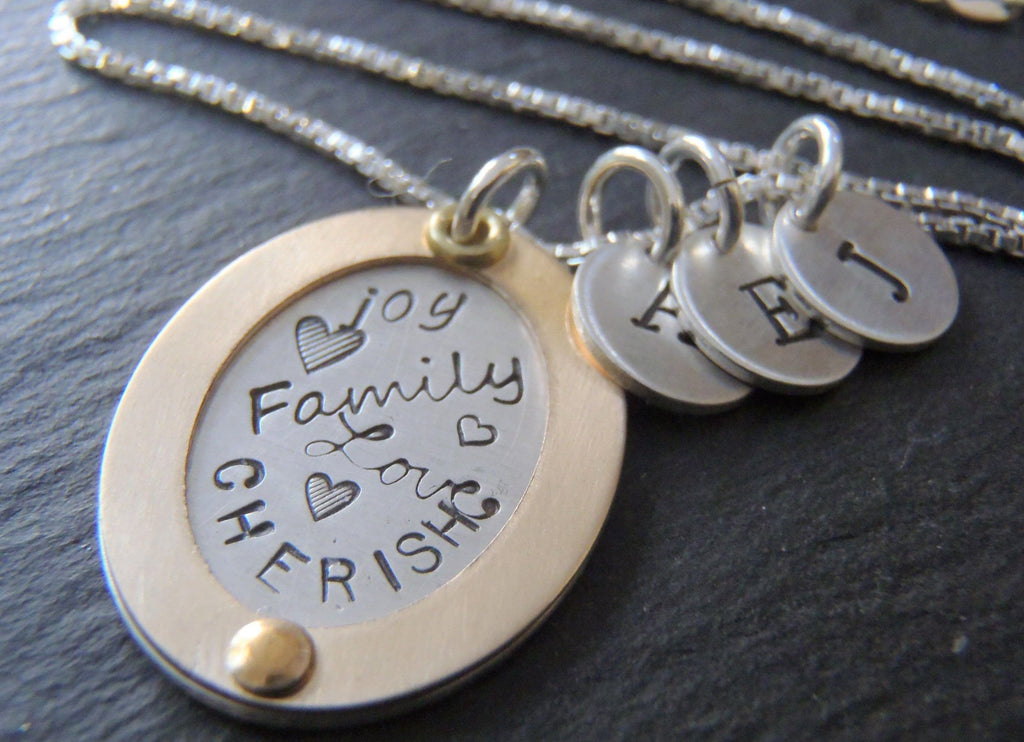 Mixed metal family necklace personalized with kid's initials - Drake Designs Jewelry