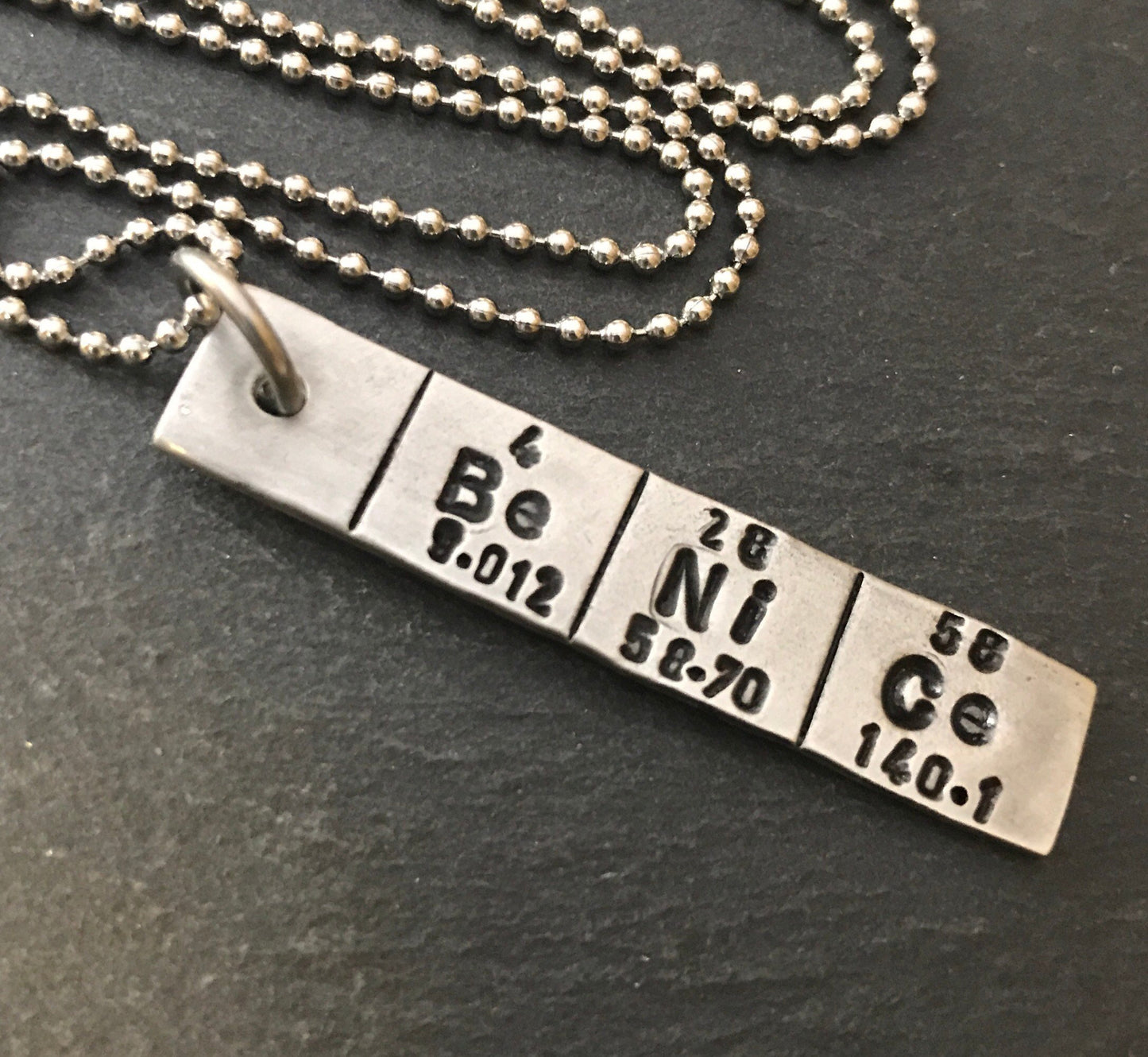 Be NiCe periodic table chemistry gift. hand stamped science necklace geekery gifts - Drake Designs Jewelry