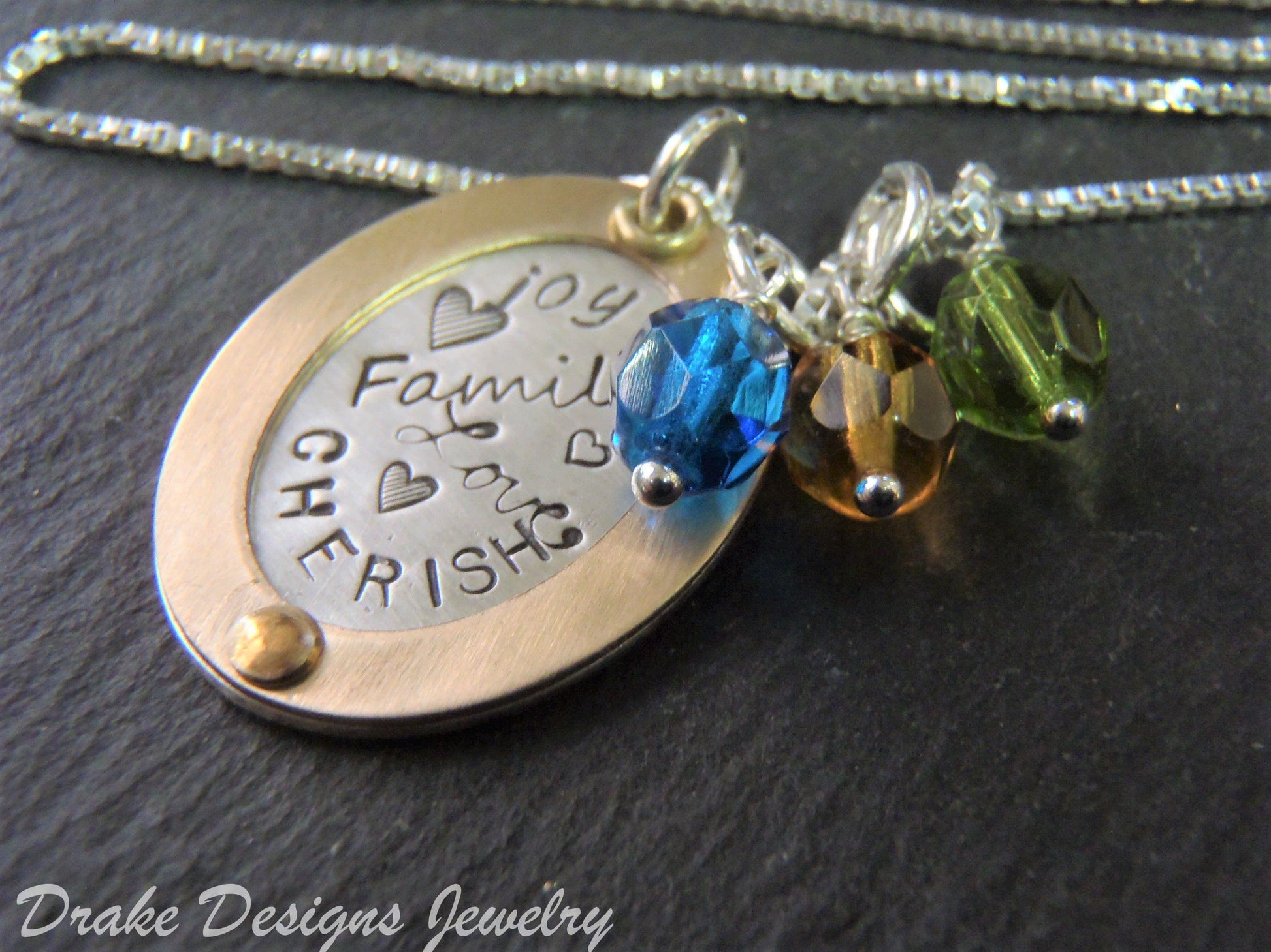 Rose gold and sterling silver mom necklace with personalized family birthstones - Drake Designs Jewelry