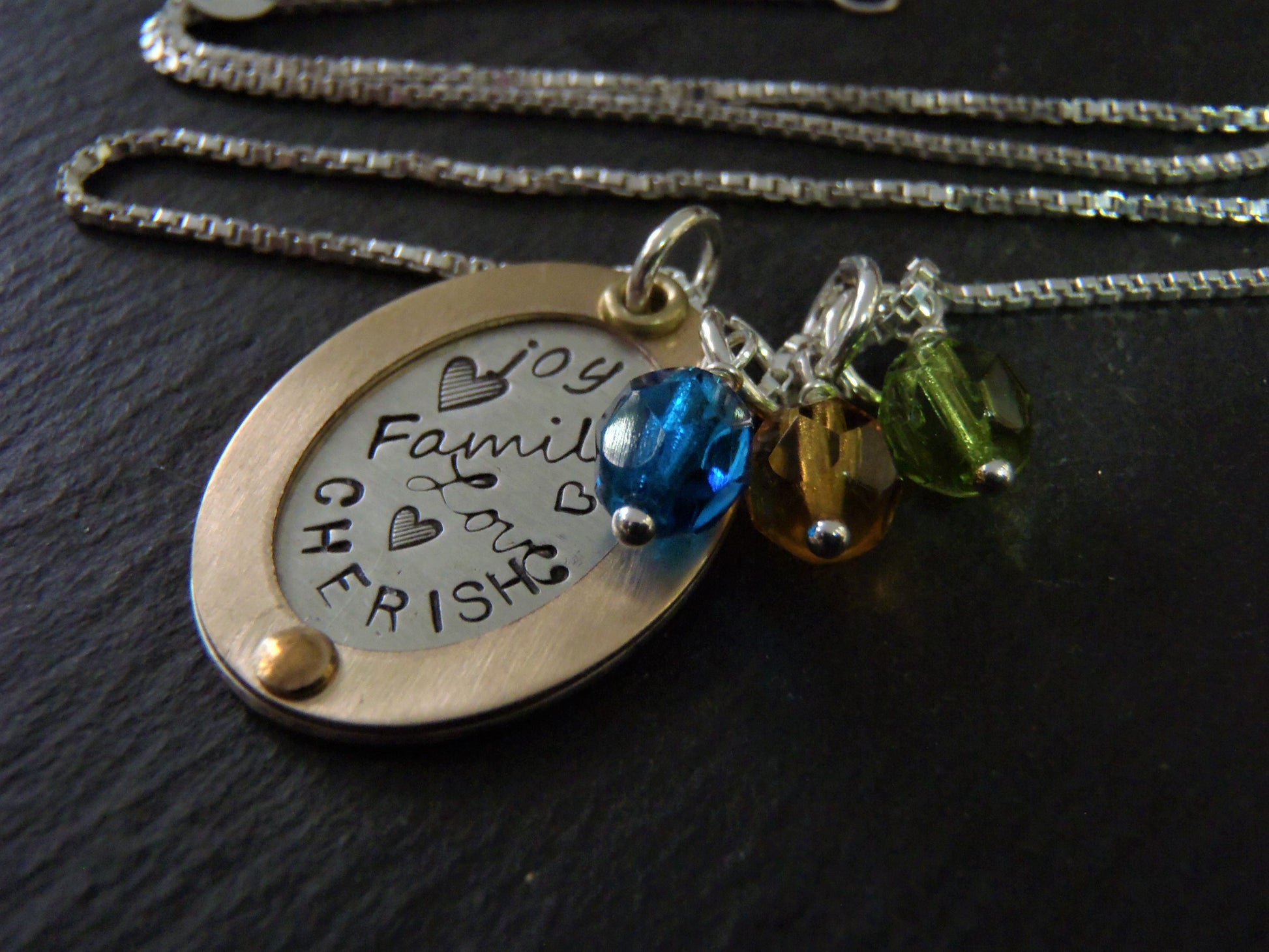 Rose gold and sterling silver mom necklace with personalized family birthstones - Drake Designs Jewelry
