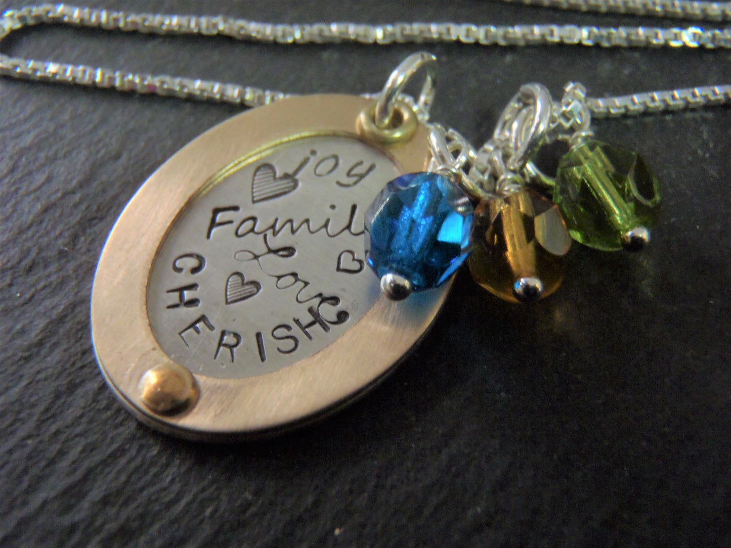 Rose gold and sterling silver mom necklace with personalized family birthstones - Drake Designs Jewelry