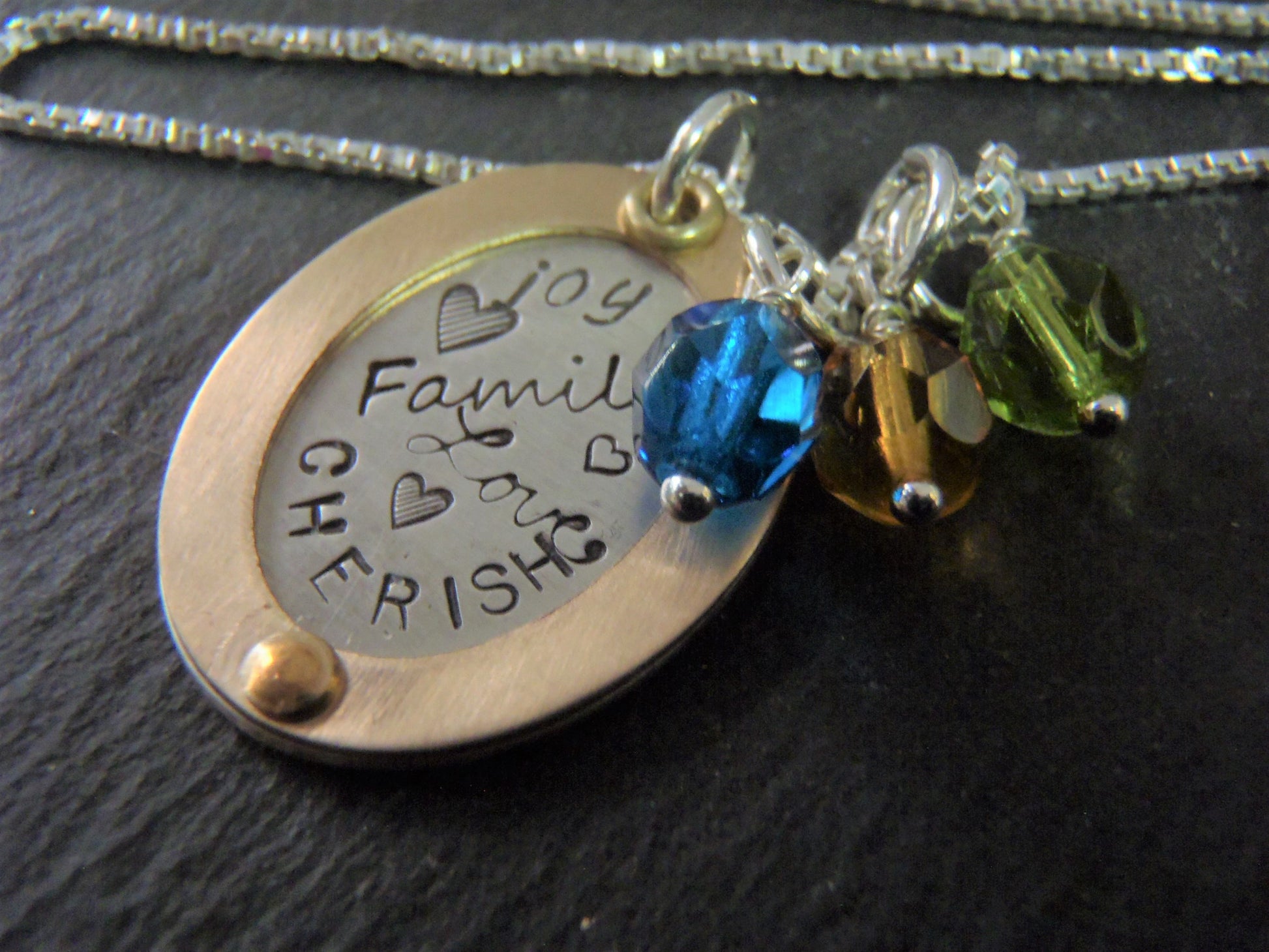 Rose gold and sterling silver mom necklace with personalized family birthstones - Drake Designs Jewelry