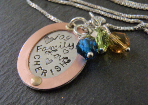 Rose gold and sterling silver mom necklace with personalized family birthstones - Drake Designs Jewelry
