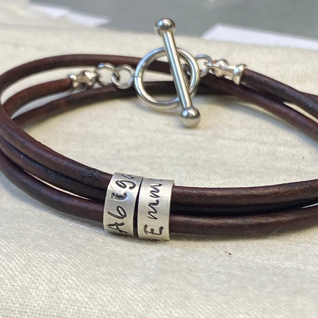 triple wrapped toggle clasp leather bracelet with personalized sterling silver charms with kids names - drake designs jewelry