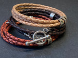 mens braided leather bracelet with toggle clasp and personalized sterling silver name charms