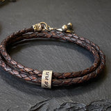 mens braided leather bracelet with toggle clasp and personalized sterling silver name charms