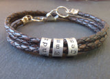 Custom Triple wrapped braided leather bracelet with personalized  sterling silver name charms - Drake Designs Jewelry