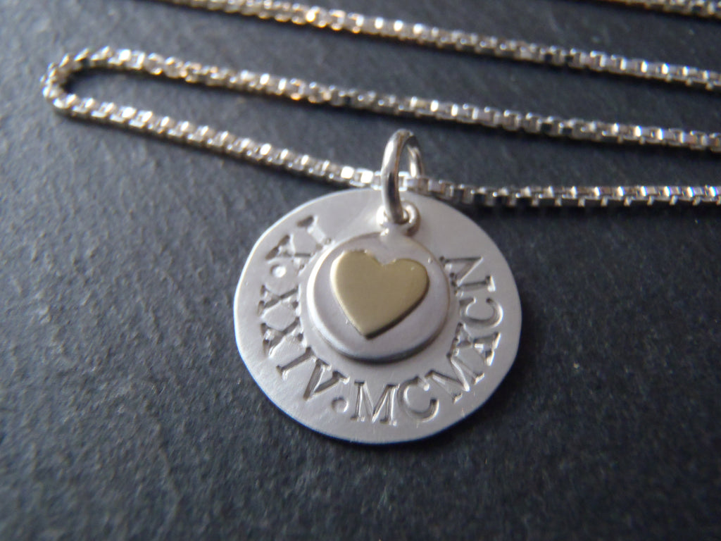 bronze anniversary gift for her hand stamped sterling silver and bronze necklace personalized with Roman Numerals date - Drake Designs Jewelry