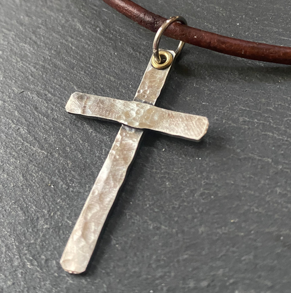 hammered mens cross necklace with golden brass accent christian gift for him - drake designs jewelry