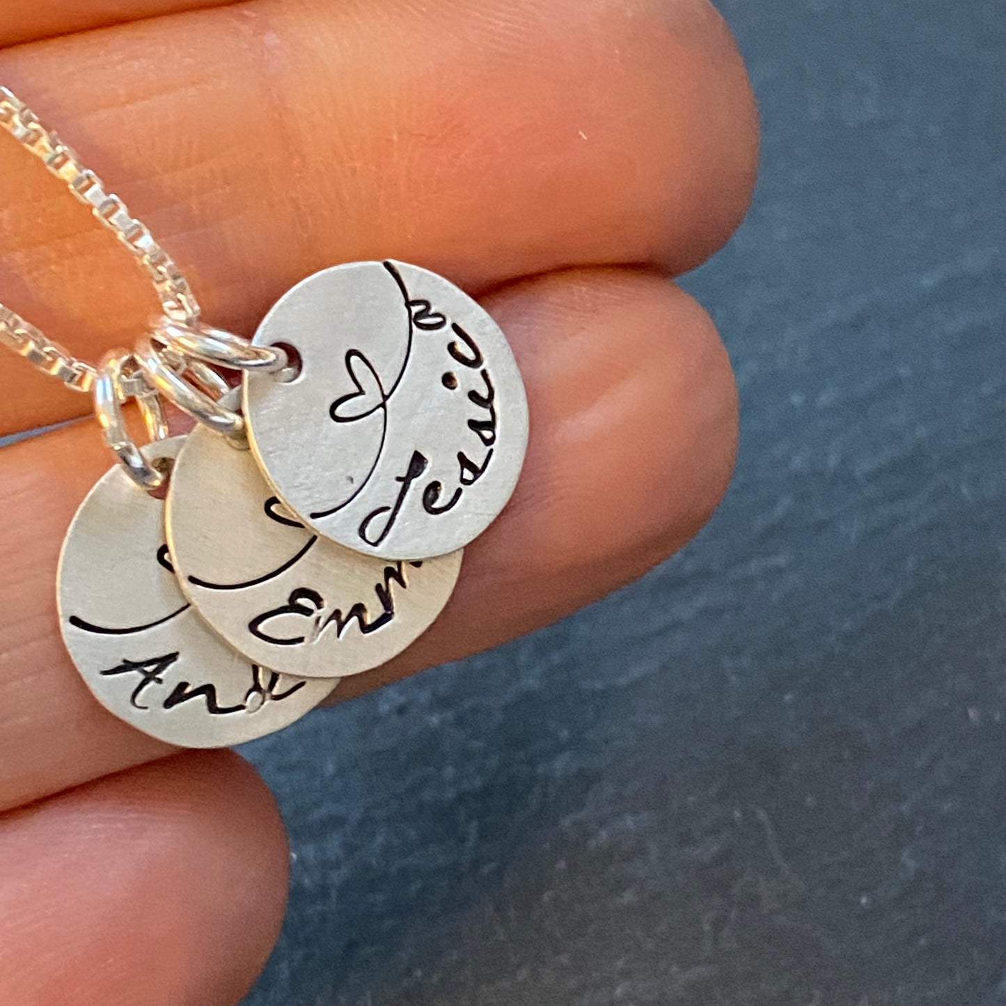 sterling silver heart link mom necklace with childrens names. linked together by love charm necklace.  drake designs jewelry