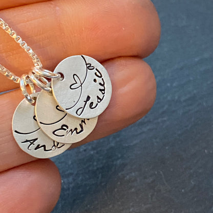 sterling silver heart link mom necklace with childrens names. linked together by love charm necklace.  drake designs jewelry