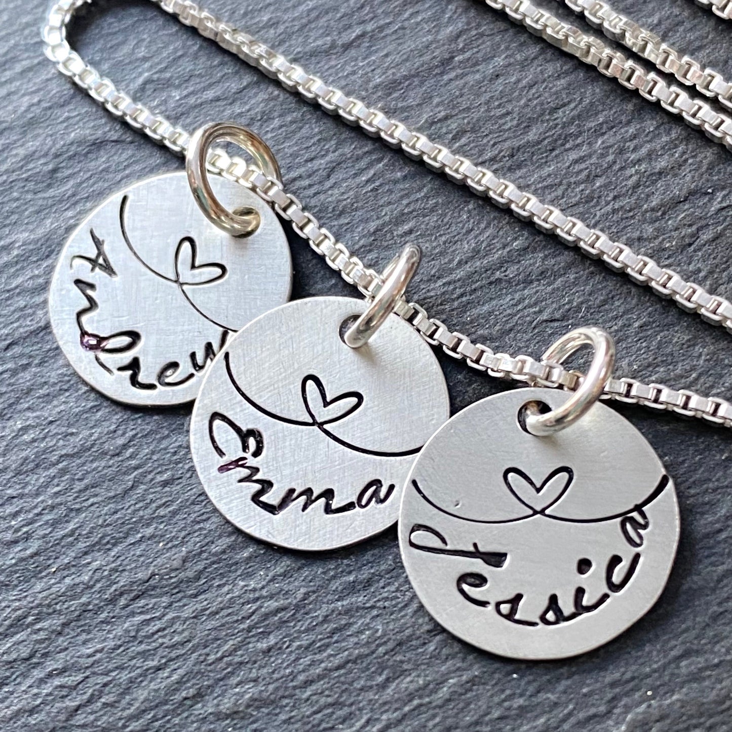 sterling silver mom necklace with kids names and hearts hand stamped love link charm necklace. drake designs jewelry