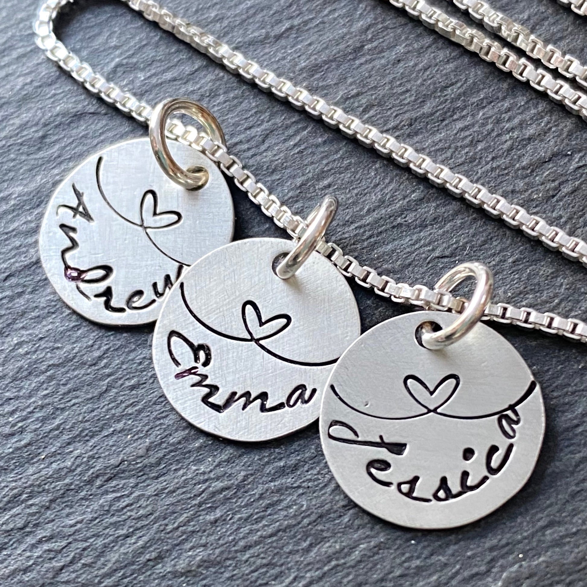 sterling silver mom necklace with kids names and hearts hand stamped love link charm necklace. drake designs jewelry