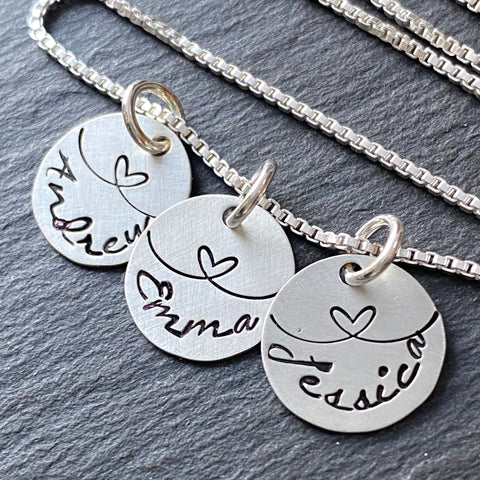 sterling silver mom necklace with kids names and hearts hand stamped love e link charm necklace. drake designs jewelry