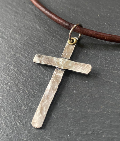 Man necklace Sterling silver cross necklace leather necklace for men
