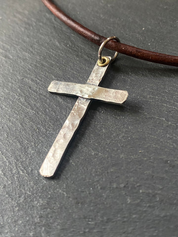 Yellow Gold & Silver Cross Leather Cords Pendant Mens Necklaces