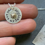 you are my sunshine necklace sterling silver with gold sun. personalize with birthstones for mom or grandma - drake designs jewelry