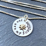 you are my sunshine necklace sterling silver with happy golden sun riveted at center- drake designs jewelry