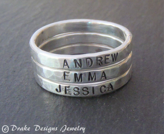 Personalized Stacking name rings for mom in sterling silver - Drake Designs Jewelry