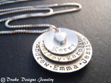 Layered mom necklace with names. Hand crafted from solid Sterling silver, slightly concave with a heart nestled at the center - Drake Designs Jewelry