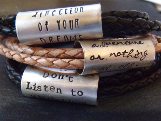 Personalized women's or men's sterling silver and leather bracelet with custom message or inspirational quote - custom text bracelet - Drake Designs Jewelry
