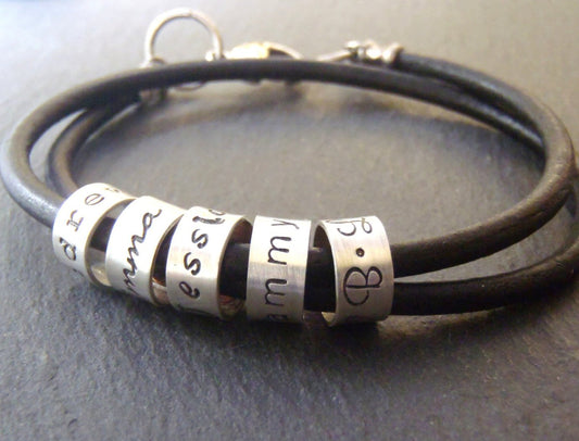 Leather charm bracelet personalized with kids names or inspirational words - Drake Designs Jewelry