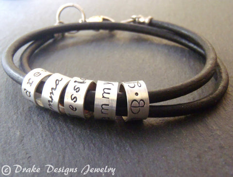 Leather charm bracelet personalized with kids names or inspirational words - Drake Designs Jewelry