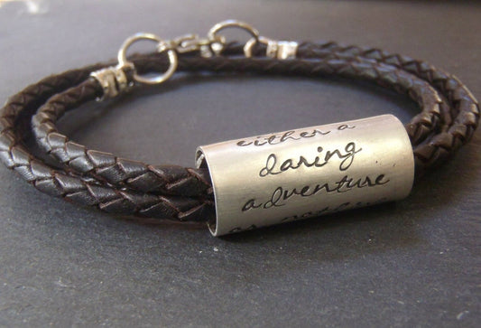 Personalized women's or men's leather bracelet with custom message or inpirational quote - Drake Designs Jewelry